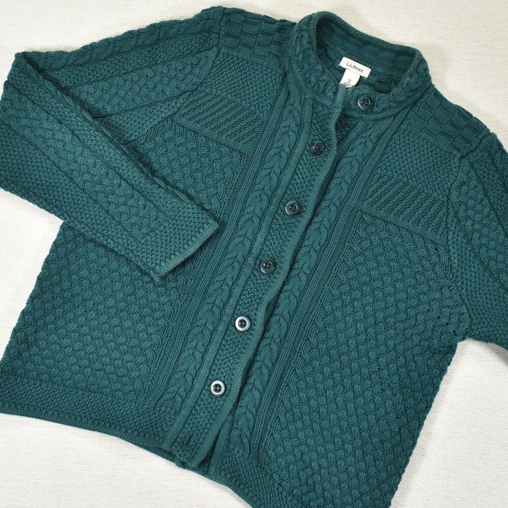 LL Bean Womens Cardigan Sweater M Petite Teal Green Cotton Chunky Knit Button Up
